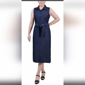 NY Collection denim 100% cotton button collar tie dress L NWT